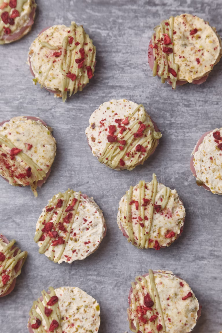 Pistachio Laskonky with Raspberry Ganache